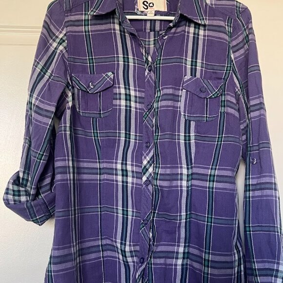 SO Purple Flannel Button Up Long Sleeve Roll Tab Shirt Size XL - Picture 2 of 10